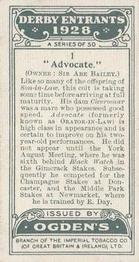 1928 Ogden's Derby Entrants #1 Advocate Back